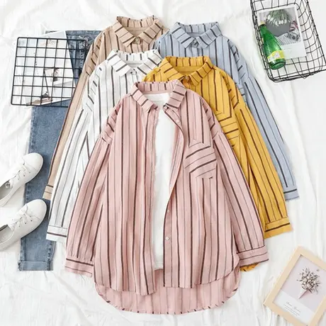 早春韩版文艺宽松中长款条纹棉衬衫女休闲学生设计感小众上衣外套商品大图