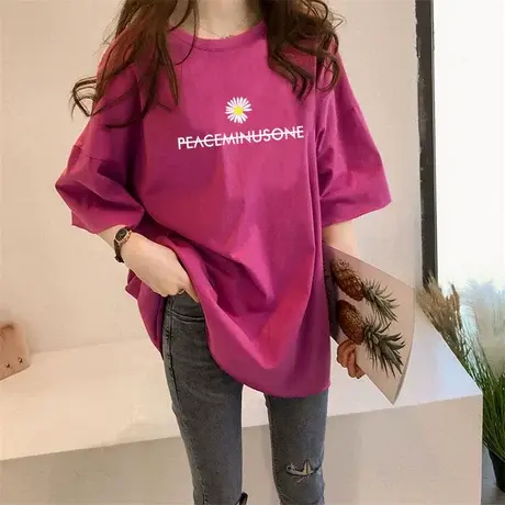 小雏菊纯棉短袖t恤女中长款宽松韩版ins潮2023年新款夏装白色上衣商品大图