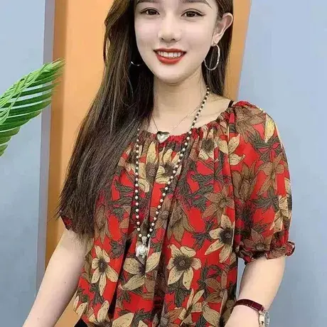 碎花雪纺衬衫女士中年妈妈夏装上衣洋气时尚气质短袖配阔腿裤小衫图片