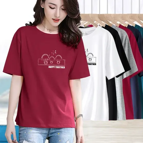 酒红色圆领上衣女夏季胖mm减龄遮肉卡通字母印花t恤纯棉宽松夏装商品大图