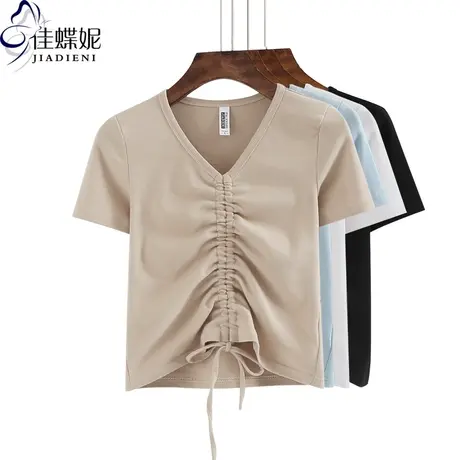 夏v领女超短款高腰露肚脐抽绳上衣打底衫内搭小心机性感短袖T恤图片