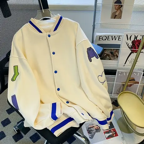 美式复古学院风棒球服外套女宽松秋冬加绒加厚设计感夹克大码上衣图片