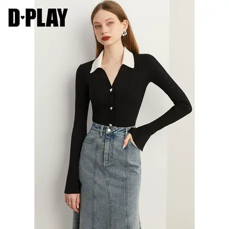 2023秋装通勤经典黑修身撞色POLO领爱心纽扣针织开衫外套商品大图