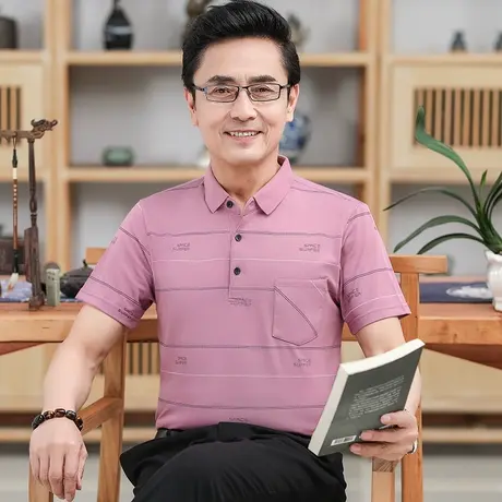 爸爸装短袖t恤中老年人纯棉红色结婚礼polo衫男士夏季条纹上衣服商品大图