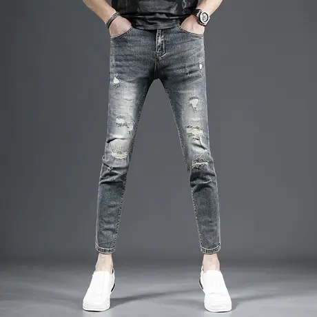 夏季破洞九分牛仔裤男修身小脚复古补丁潮流帅气男士裤子9分裤男商品大图