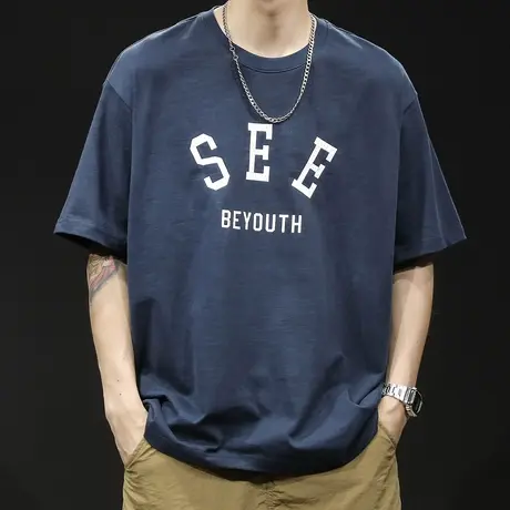 竹节棉重磅短袖t恤男士半袖上衣潮牌胖子大码23新款男装体恤夏季商品大图