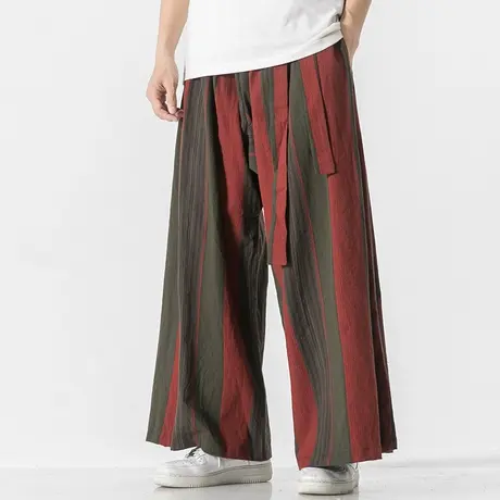 大码男秋装中国风棉麻条纹裤直筒亚麻阔腿裤休闲复古卡其色拖地裤商品大图