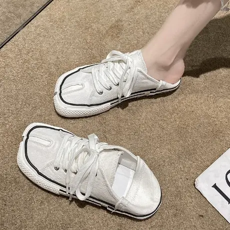 夏季薄款小众小白鞋女2023年新款一脚蹬猪蹄马蹄分脚趾猪脚帆布鞋商品大图