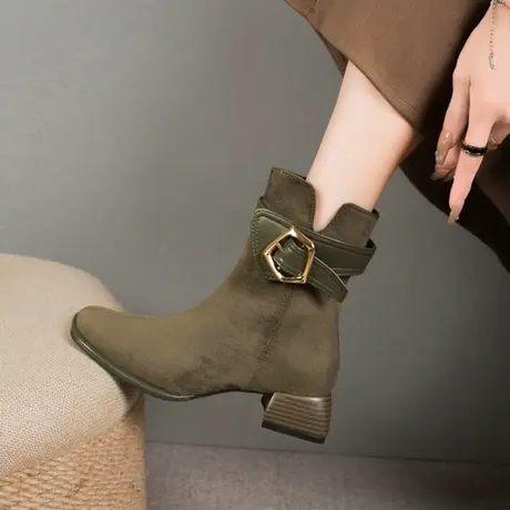 短靴女2023新款春秋粗跟方头小踝靴子单靴法式复古中跟时尚马丁靴图片