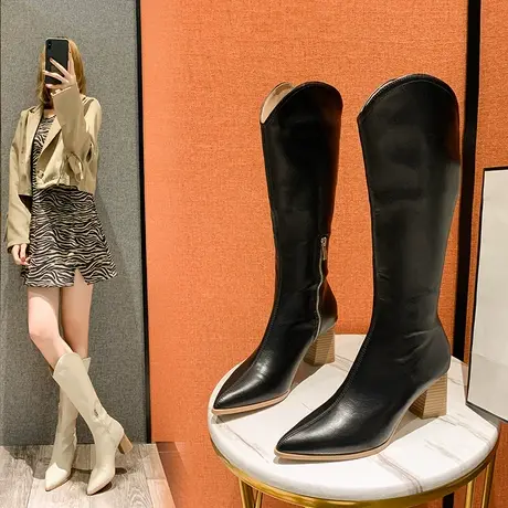 不过膝长靴女2022新款瘦瘦粗跟网红尖头西部牛仔靴高筒秋冬骑士靴商品大图