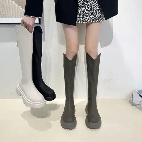 骑士靴女高跟秋冬显瘦V口女靴小个子厚底高白色筒不过膝长筒靴子图片