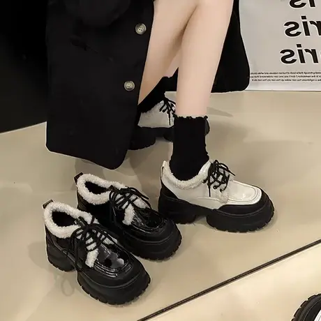 高跟超火洋气加绒乐福鞋女小个子厚底棉鞋2023年新款配裙子小皮鞋商品大图