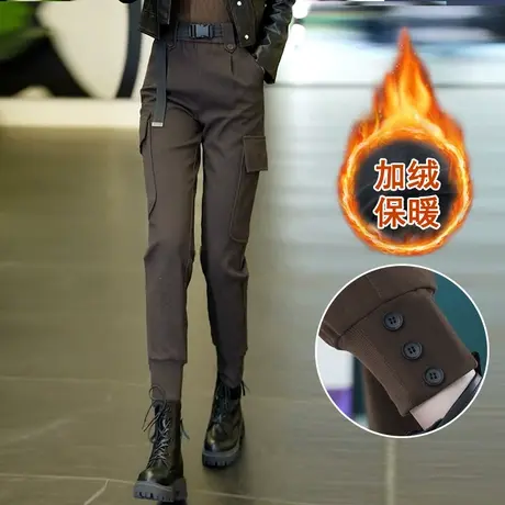毛呢加绒工装裤女秋冬2023新款网红高腰帅气束脚裤加厚休闲哈伦裤图片