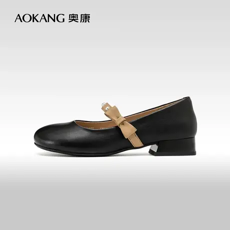 奥康女鞋 2024春季新款复古配色时尚玛丽珍单鞋粗跟配裙子小皮鞋商品大图