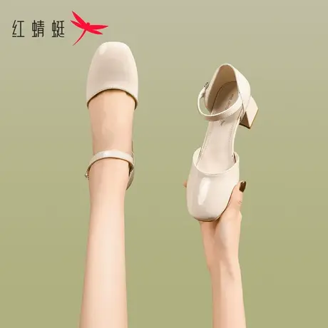 红蜻蜓玛丽珍女鞋子法式高跟凉鞋2023夏季新款晚晚鞋粗跟白色单鞋商品大图