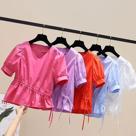 设计感白色t恤收腰小衫女短袖2023年新款洋气衬衫女士遮肚子上衣图片