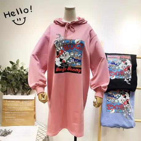 2020秋款新版连衣裙韩国东大门卡通连帽卫衣中长款大码显瘦减龄商品大图