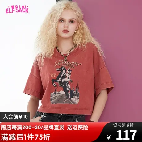 妖精的口袋红色短袖印花短款t恤女2023夏季新款美式小个子上衣潮图片