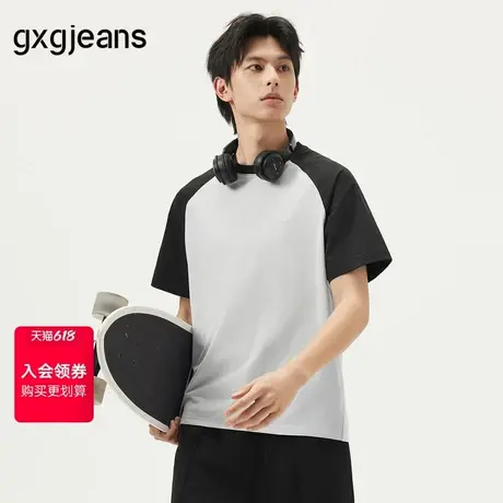 gxg.jeans男装 黑灰撞色插肩袖宽松时尚圆领短袖T恤男 25年夏新品商品大图