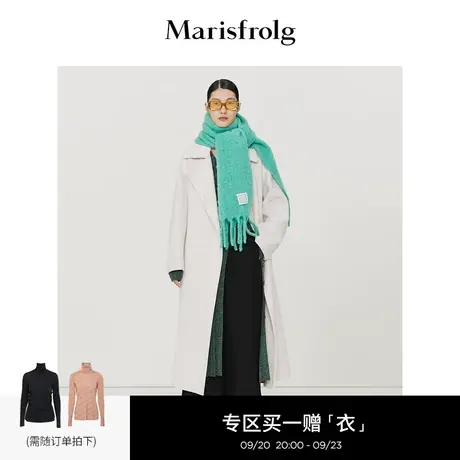 【双面羊毛大衣】玛丝菲尔冬季新款米白色腰带翻领毛呢外套图片