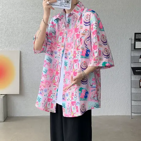 美式涂鸦冰丝短袖花衬衫男女夏威夷沙滩衬衣夏季多巴胺衬衣卡通风商品大图