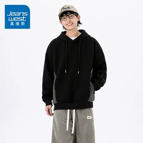 KZ真维斯男士春秋季黑色宽松拼色连帽口袋卫衣男外穿内搭潮牌套头图片