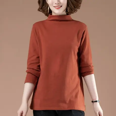 半高领打底衫女秋冬新款加肥加大码女装宽松中年妈妈纯棉长袖t恤商品大图