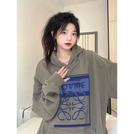 vintage复古连帽卫衣女秋冬加绒ins潮大码慵懒风小众加厚外套上衣图片