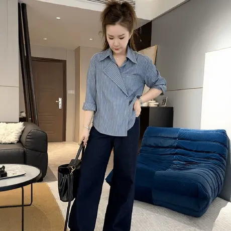 长袖蓝色条纹衬衫女秋装新款2025不规则美拉蓝衬衣高级感气质上衣图片