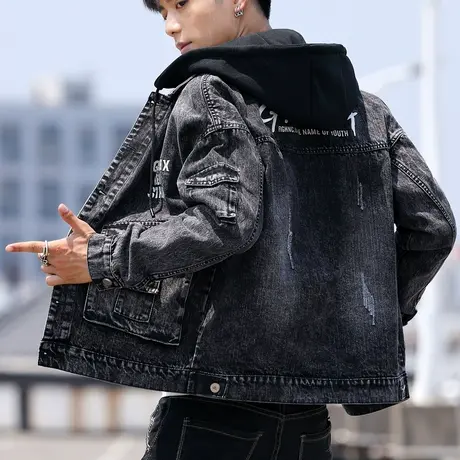 2023年新款男士牛仔夹克春秋季潮流可脱卸连帽外套韩版上衣服帅气图片