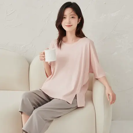 顶瓜瓜家居服女夏季款100%棉莲雾系列简约薄款女士短袖家居服套装商品大图