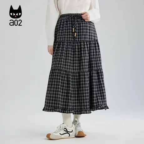 a02宽松格纹半身裙女2025新款秋季美拉德设计感裙子高腰通勤长裙商品大图