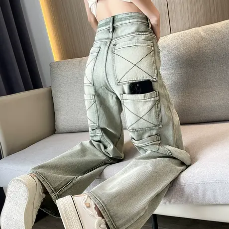 工装阔腿牛仔裤女2023年春秋新款高腰宽松显瘦复古做旧ins直筒裤商品大图