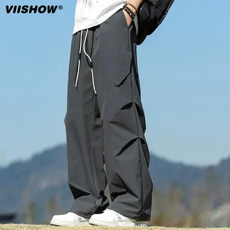 VIISHOW户外褶皱徒步冲锋裤男秋季新款潮牌宽松直筒男生休闲裤子商品大图