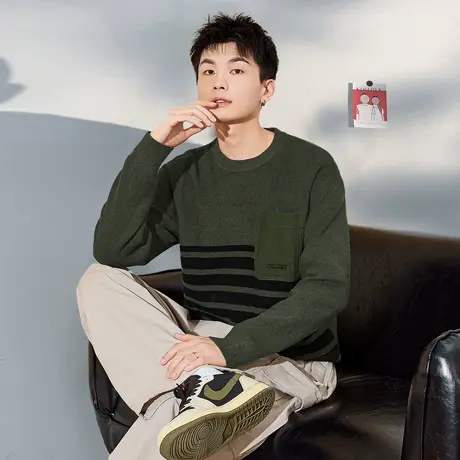 唐狮秋冬新款男士毛衣圆领撞色条纹设计感青少年日系复古毛衫TD商品大图
