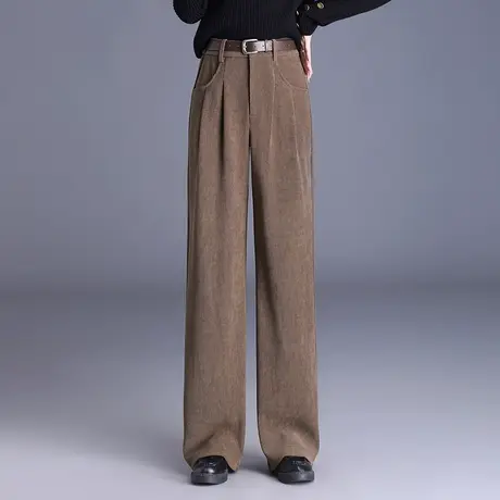 细条绒阔腿裤女秋冬高腰宽松拖地裤2023新款通勤显瘦直筒休闲裤子商品大图