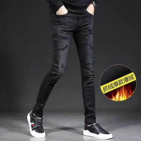 冬季加绒破洞牛仔裤男修身小脚2023新款潮流补丁痞帅男士裤子厚款商品大图