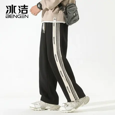 冰洁正品撞色学院字母印花阔腿直筒长裤男士春秋季复古休闲裤ZXFS商品大图