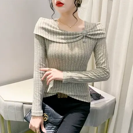 秋冬新款不规则针织衫性感一字领蝴蝶结拼接上衣洋气修身打底衫潮图片