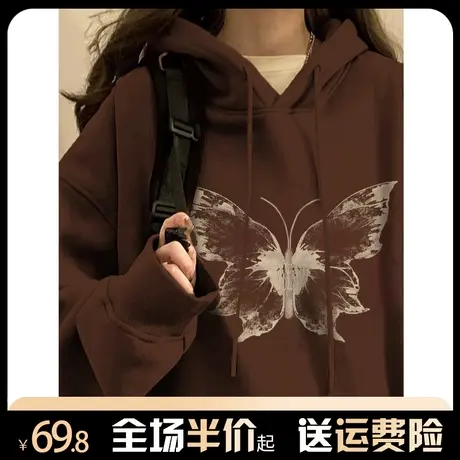 美式复古高街连帽卫衣女秋冬加绒加厚学院风小众设计感宽松外套潮图片