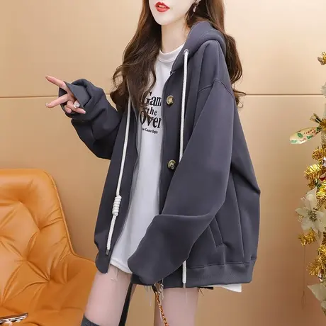 加绒加厚连帽卫衣开衫外套女2023新款秋冬季宽松百搭oversize上衣商品大图
