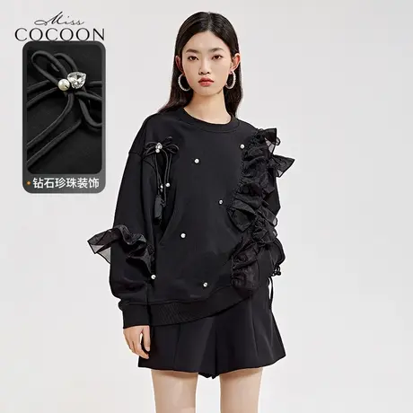 missCOCOON黑色卫衣女2023新款春季蝴蝶结荷叶边时尚设计圆领上衣商品大图