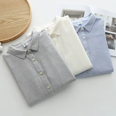 长袖衬衫女宽松2023秋文艺百搭纯棉柔软打底尖领磨毛上衣外套衬衣商品大图