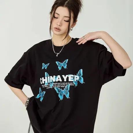 YEP宽松蝴蝶印花短袖t恤女夏季2023新款复古美式街头ins潮牌上衣商品大图