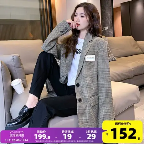 唐狮春秋新款西装外套女格子复古港风上衣潮休闲宽松夹克衫超好看商品大图