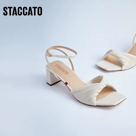 思加图新款奶油鞋通勤女一字式扣带粗跟时装凉鞋EEL07BL2图片