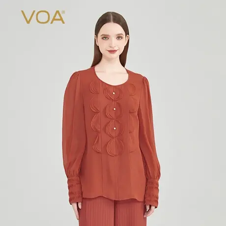 VOA真丝乔其锈红色圆领钉珠立体活页塔克褶直筒宽松百搭长袖T恤女商品大图