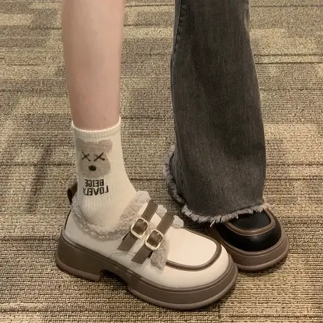 【真皮】加绒单鞋女2023新款冬季羊羔绒保暖毛毛鞋增高软底小皮鞋商品大图