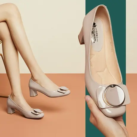 时尚粗跟真皮浅口单鞋杏色送妈妈新款方头软面软底中跟鞋子女商品大图