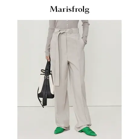 【葡萄牙进口面料】玛丝菲尔春夏新款浅灰色高腰带休闲裤商品大图